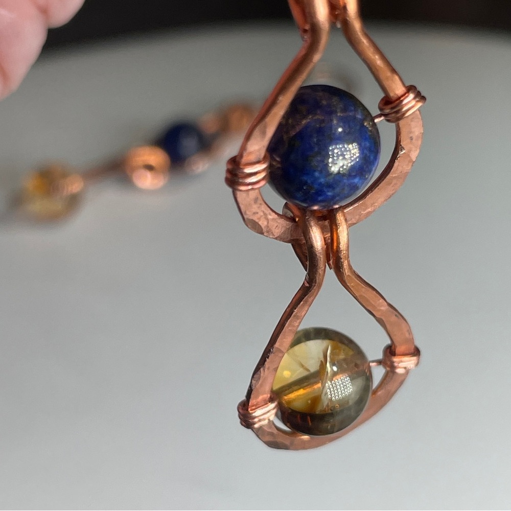 Citrine And and Blue Lapiz Lazuli Gemstone Copper Boho Artisan Earrings - Picture 11 of 11